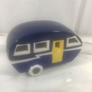 Retro Blue & White Ceramic Camper Trailer Night Light Lamp Decor